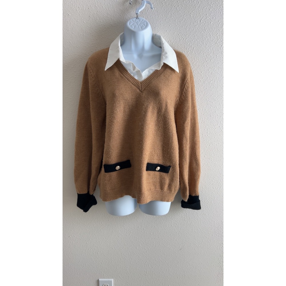 Nanette Nanette Lepore Sweater XL Brown‎ Layered Look Preppy Gold Button V-Neck